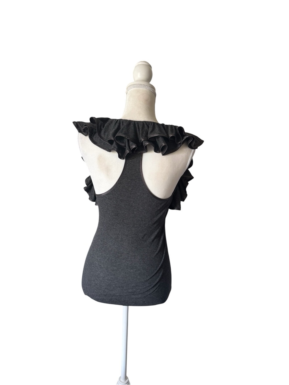 Robert Rodriguez Charcoal Black Ruffle-Sleeve V-Neck Knit Tank - Picture 2 of 11